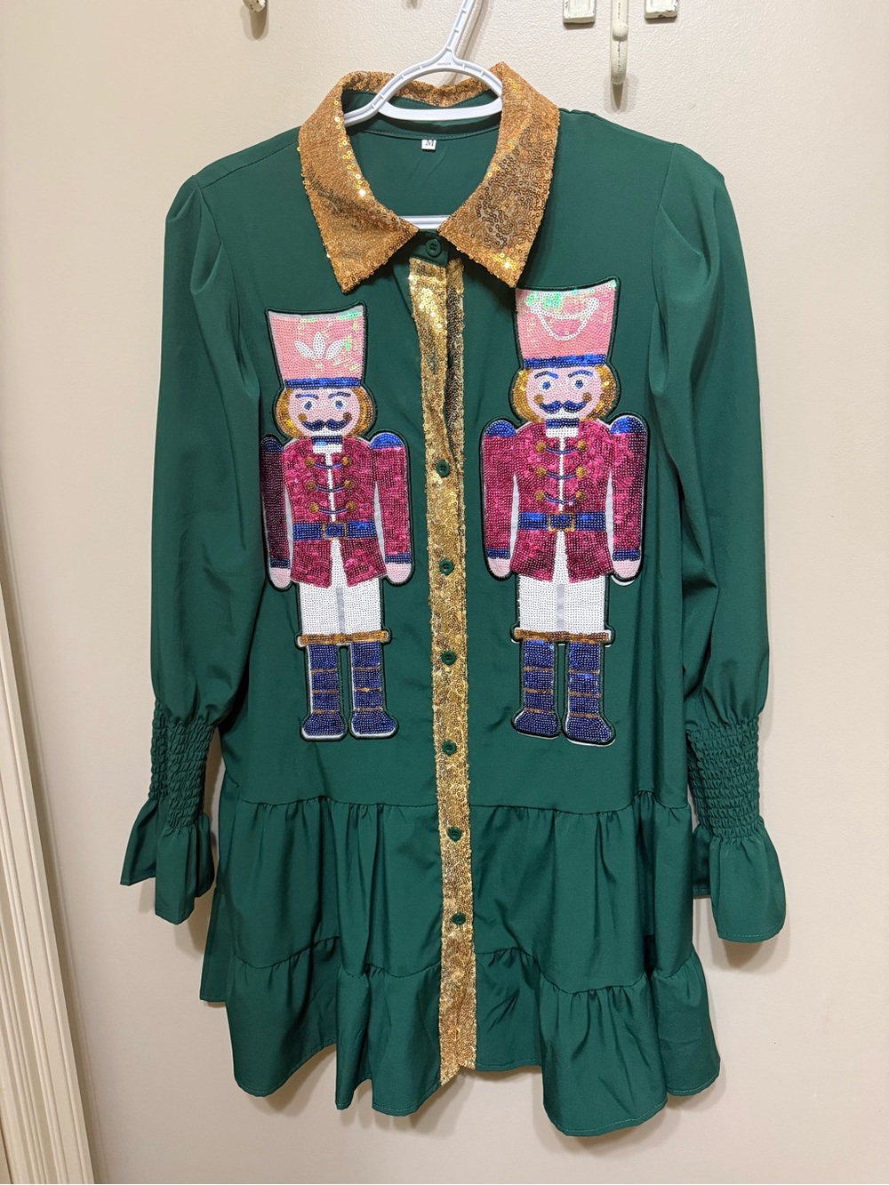 Kids Green Nutcracker Sequin Costume Dress with Gold Trim